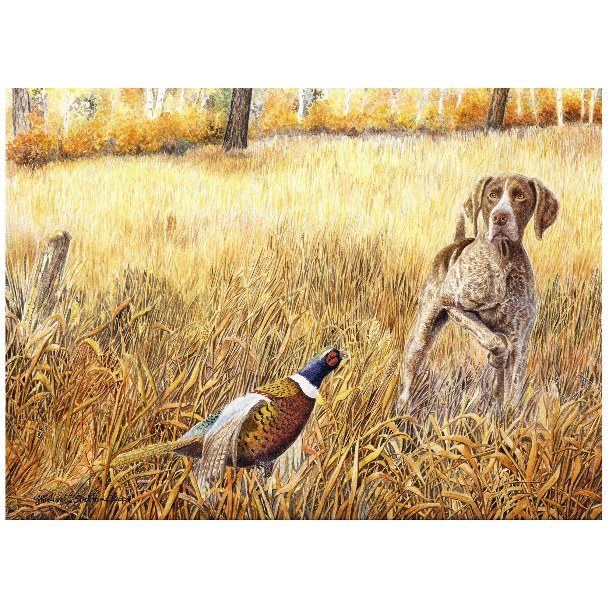"GSP on Point" German Shorthaired Pointer Art Reproduction Print by Michael Steddum - Limited Edition Signed and Numbered German Shorthair Pointer Art Print - Ideal for a GSP Gift